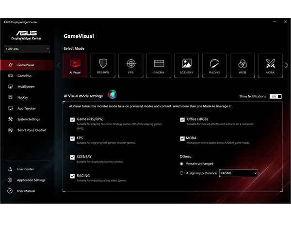 全新 ASUS DisplayWidget Center UI 屏幕截图，显示系统设定、OLED 功能等。